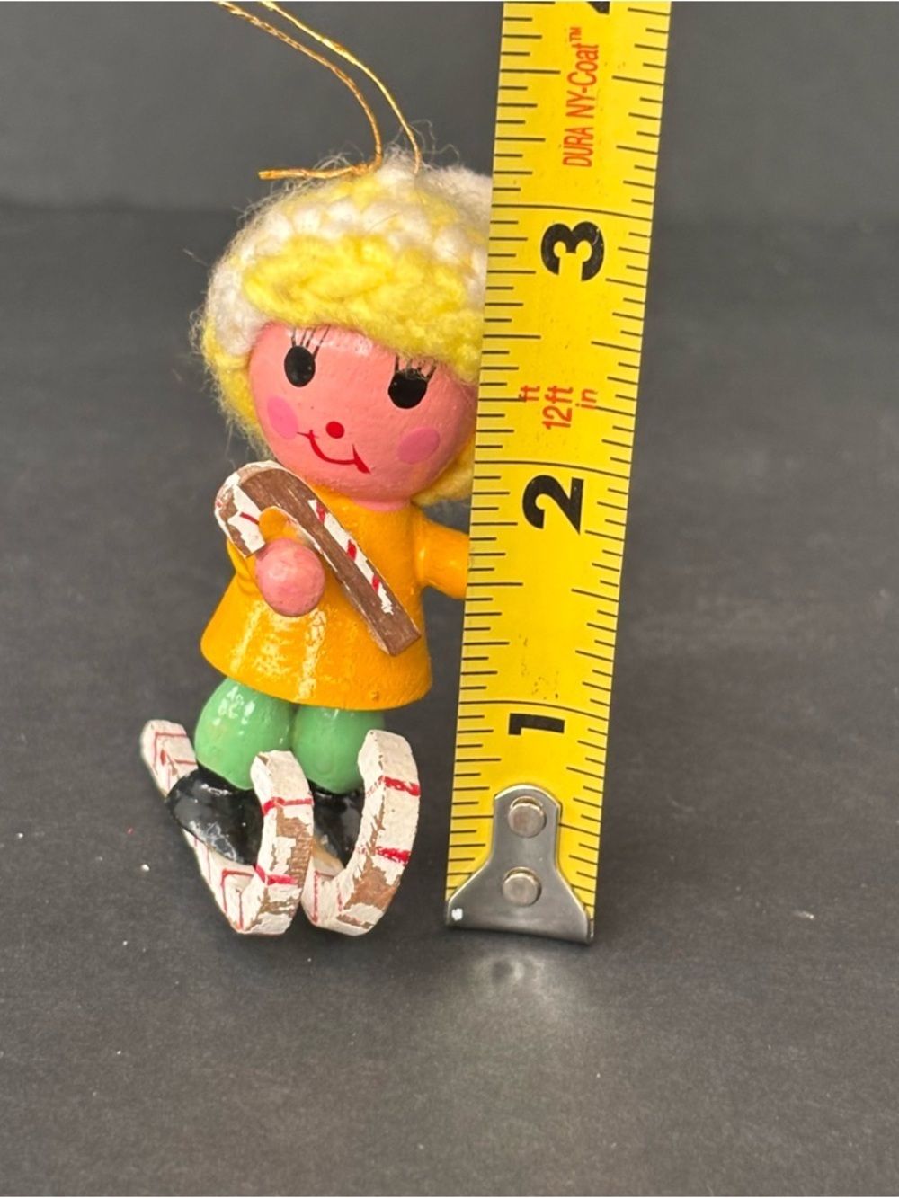 Wood Figure on Skies Christmas Figurine Skier Crochet Hat Vintage 3” Ornament - Picture 5 of 8